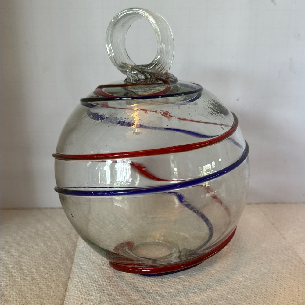 VTG Italy Red & Blue Stripe Glass Ball Christmas Ornament  HandCrafted 6.5 X 4.5